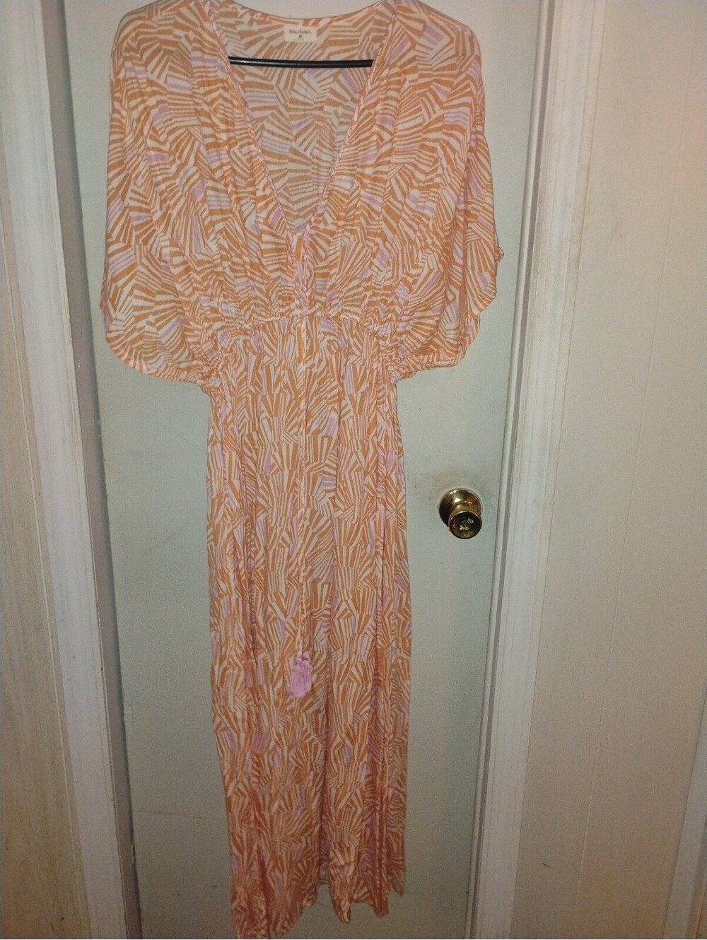 World Market Orange & Pink Geometric Abstract Maxi Dress S/M Flowy V-Neck